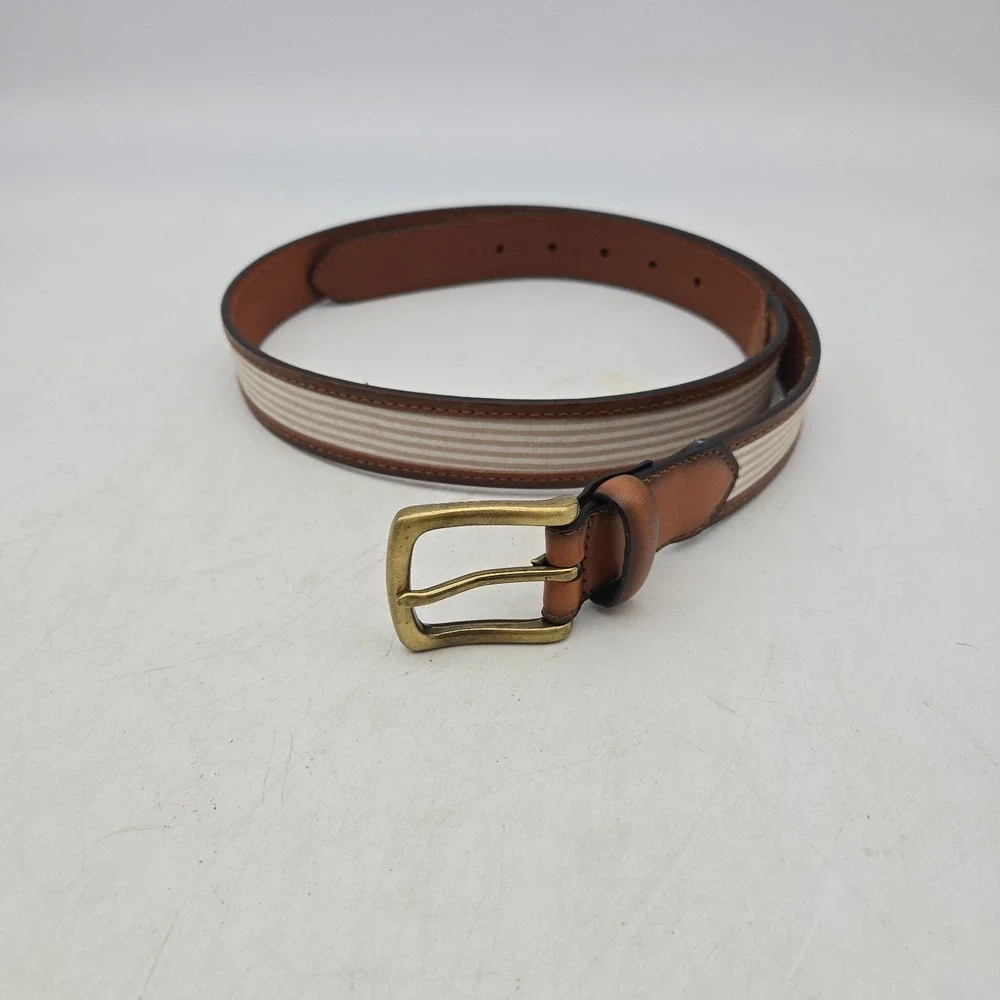 Structure Belt Brown Leather Striped Fabric Mens 36 Brass Buckle NWOT
